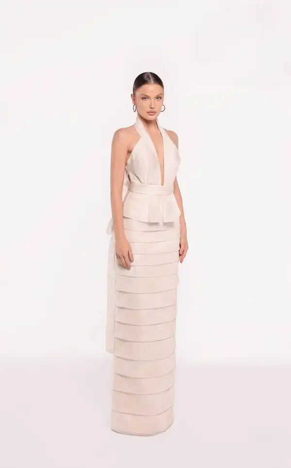 

Customized Exquisite Charmeuse Tiered Sash Handmade Flower Straight Halter Long Dresses Bespoke Occasion Dresses Sizes Available