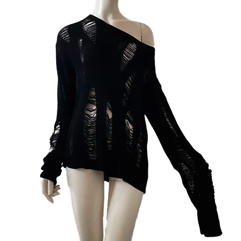 Solid Black Lady See Through Hollow Loose Sweaters Lady Knitted Broken Sexy Sweater 2022 Spring Mujer Pullover Ripped Jumpers