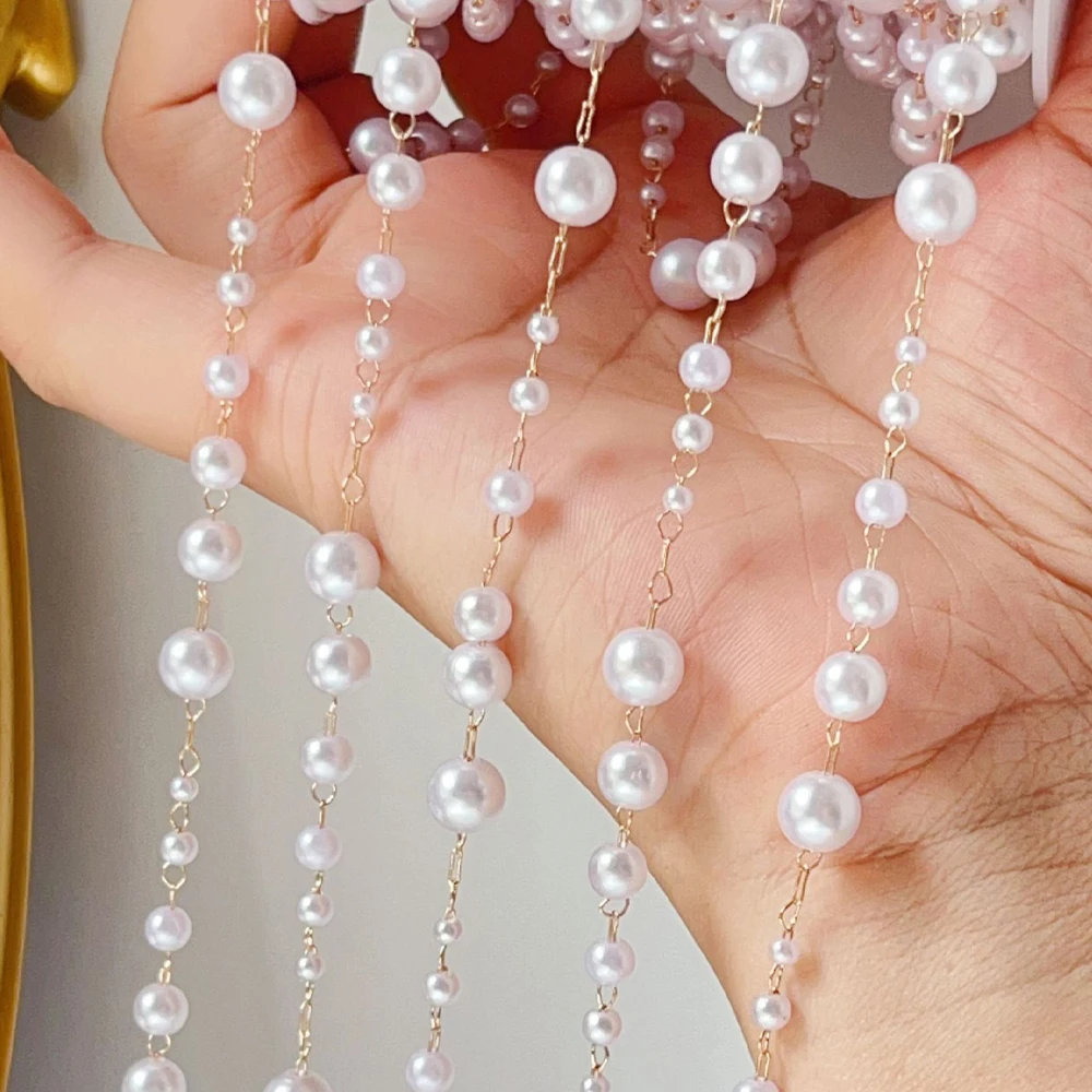 1meter 3-8mm Faux Pearl Beading with Brass Link Chain for Jewelry Making DIY Bracelet Necklace Sewing Crafts Supplies Findings