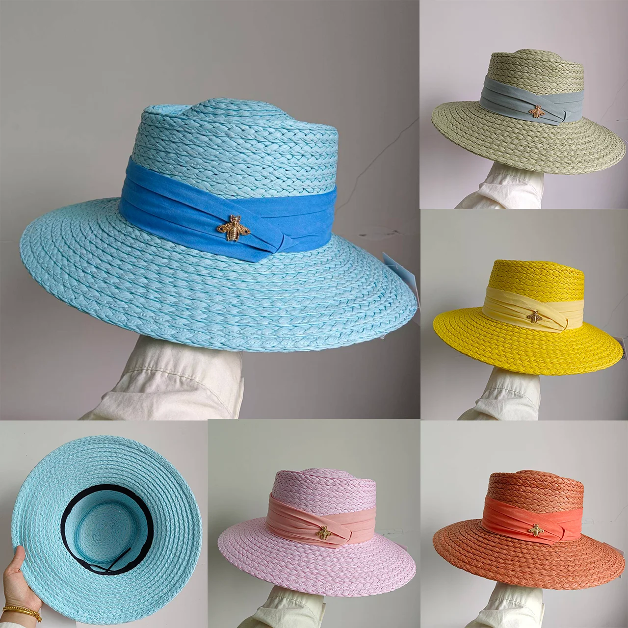 모자 Summer paper straw hat French elegant flat edge concave and convex top outdoor sun hat beach hat hand-woven  여름모자