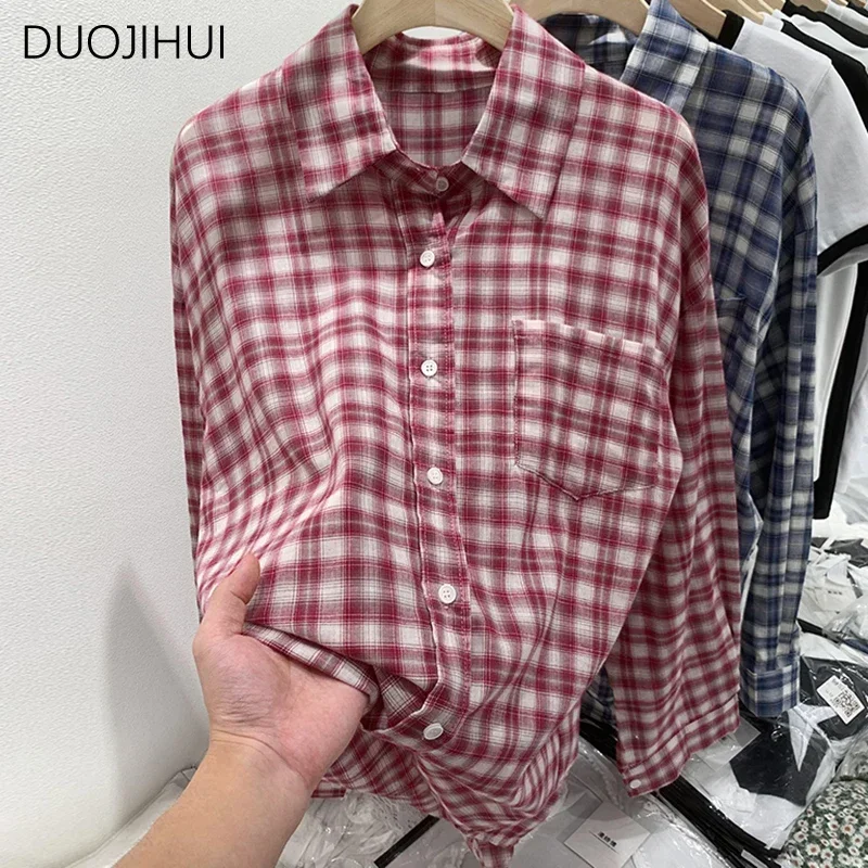 DUOJIHUI-camisa clásica Vintage a cuadros para mujer, camisa básica de manga larga, Simple, de un solo pecho, informal, con bolsillo, a la moda, de verano