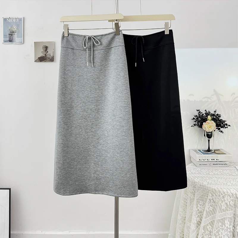 

Leisure Drawstring Half Skirt for Women Summer Elastic High Waist Slim Fit Midskirts Korean A-line Split Hip Wrap Skirts