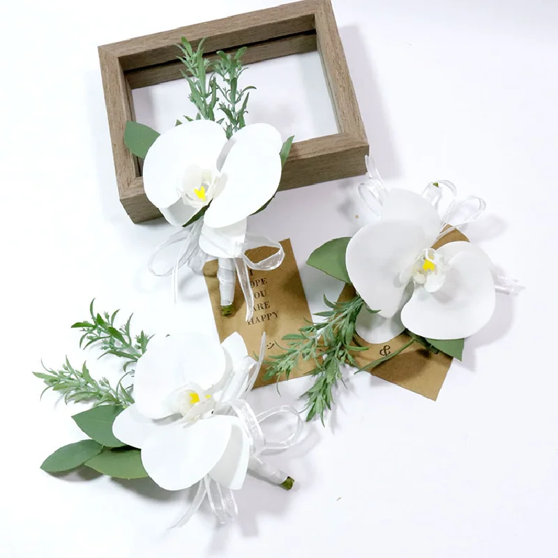 Boutonniere y Corsag de muñeca, suministros de boda, banquete, invitados, flores simuladas, novia y novia, orquídea Phalaenopsis blanca, 451