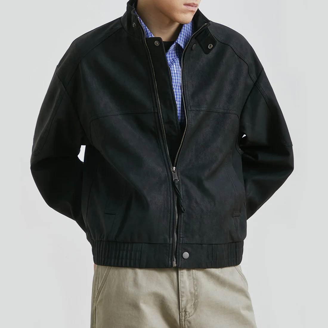 Stand Collar Leather Jacket Men's Loose Casual Vintage Fashion Commute Zipper Leather Bomber Jacket Spring Autumn Short Coat