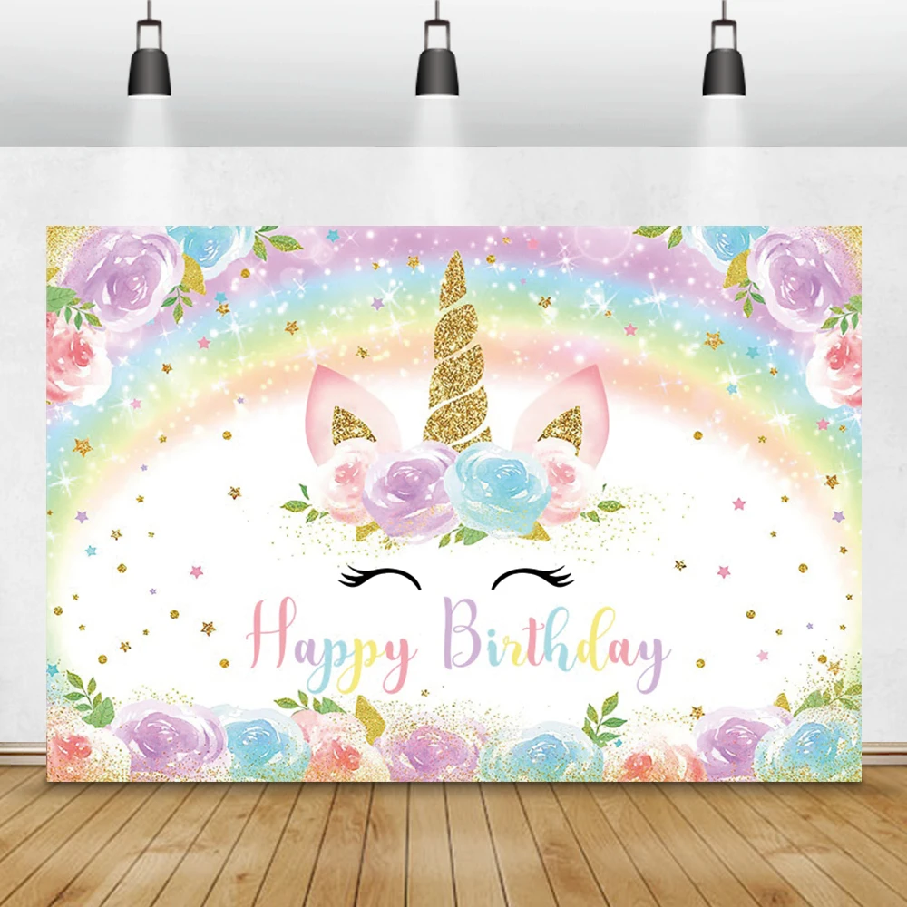 Cartone animato unicorno rosa blu Pokla Dot fotografia sfondo buon compleanno Baby Shower ritratto nome Poster personalizzato sfondo fotografico