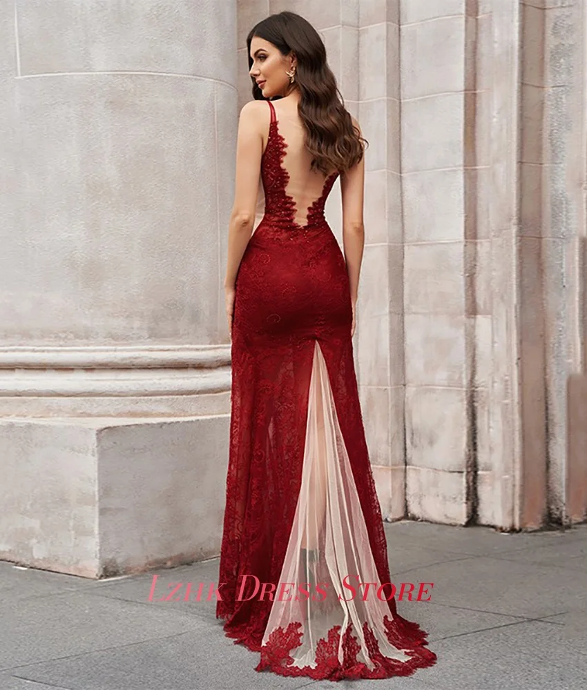 Personalizado sexy renda sereia apliques vestido de noite de alta qualidade sem mangas com decote em v até o chão فستانmavera