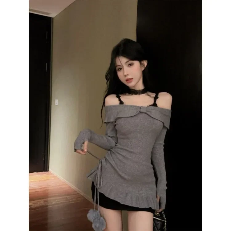 Sweet Bow Long Sleeve Off Shoulder Slim Fit Bodycon Dresses+ Black Lace Camisole Dress for Women 024 Autumn New Two Piece Sets