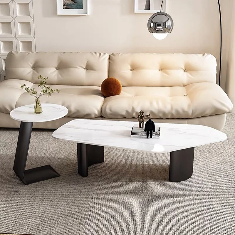 

Irregular Rock Slab Living Room Coffee Table Set with Metal Frame Modern Stylish Home Office Center Table Sets Sturdy Side Table