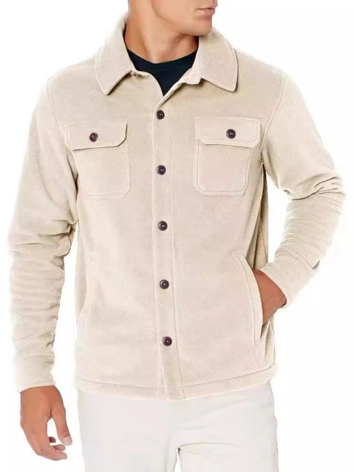 Autumn Men's ket Cardigan Jaet Casual Workwear Breathable Faion Urban Sle Long Sve Flip Collar Pure Color Outerwear