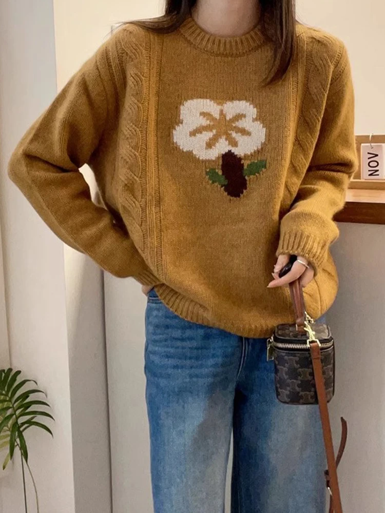 

Свитер Camere с цветочным узором, круглый Ne Long Sve, свободный крой, вязаный топ Agel, европейский Sle, женская модная осенняя одежда