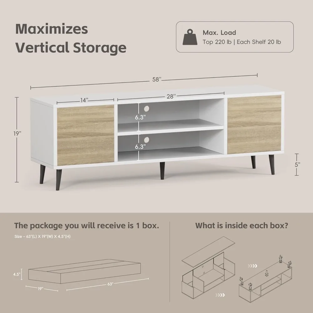 حامل تلفزيون حديث لمركز الترفيه التلفزيوني القديم مقاس 65 بوصة مع خزائن تخزين ووحدة تحكم الوسائط ذات أرفف مفتوحة