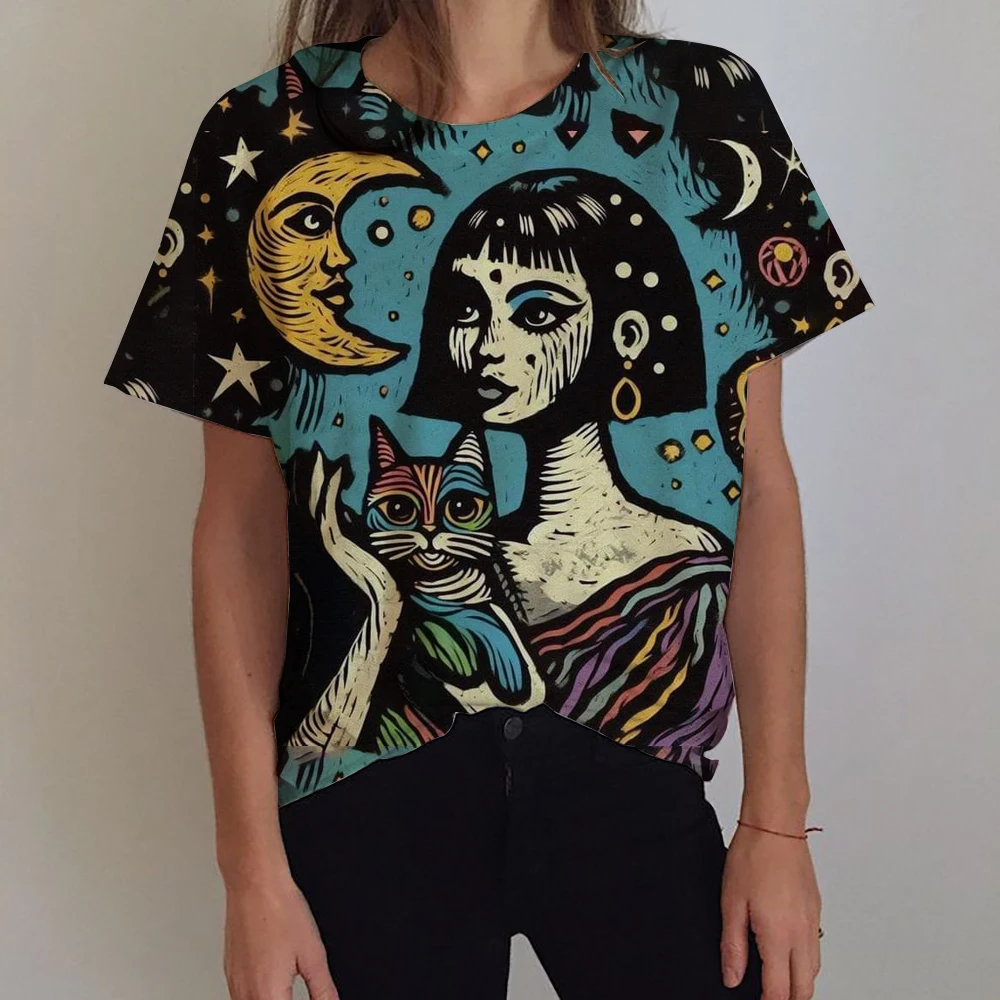 المرأة تي شيرت مصر القديمة ثلاثية الأبعاد تي شيرت مطبوع المرأة موضة عادية المتضخم الجولة الرقبة قصيرة الأكمام تي شيرت كامل مطبوعة Cl #2