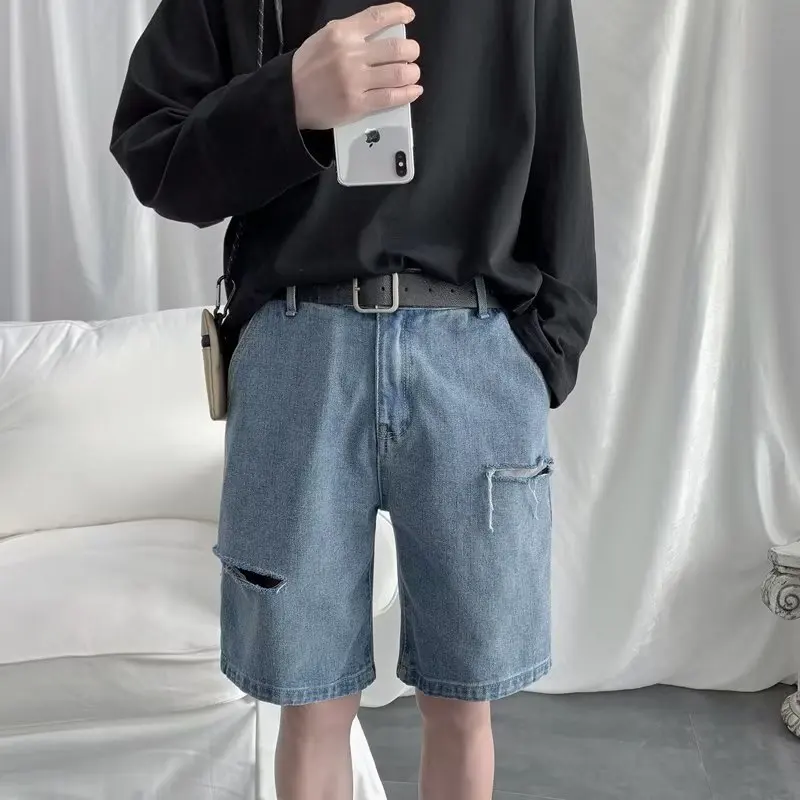 Summer Distressed Denim Shorts Men's Loose 5-Pocket Casual Streetwear Blue Black Grey