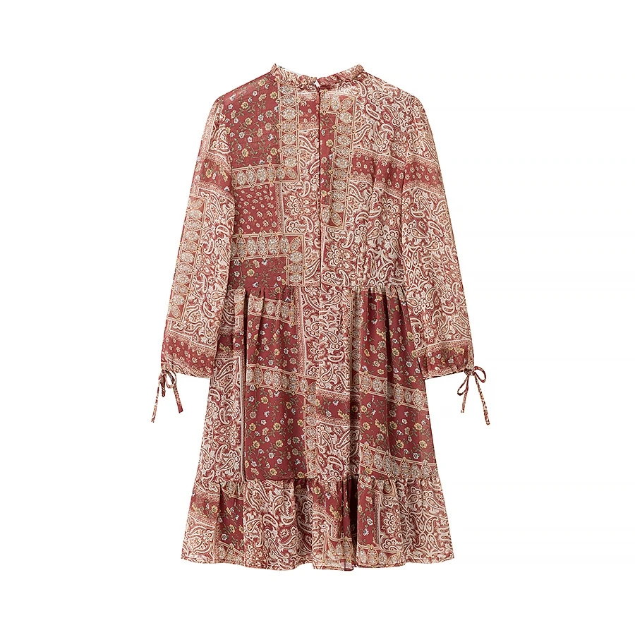 유행하는 플로럴 프린트 민소매 원피스, 리본 디자인, 하이웨이스트 폴리에스터 소재, 출퇴근 스타일 여름 원피스