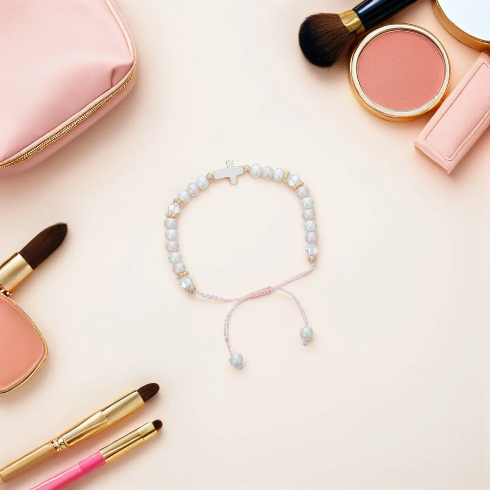 Elegant Pink White Pearl Bracelet with Delicate Cross Charm for Baptism Easter First Communion Christian Jewelry Religious