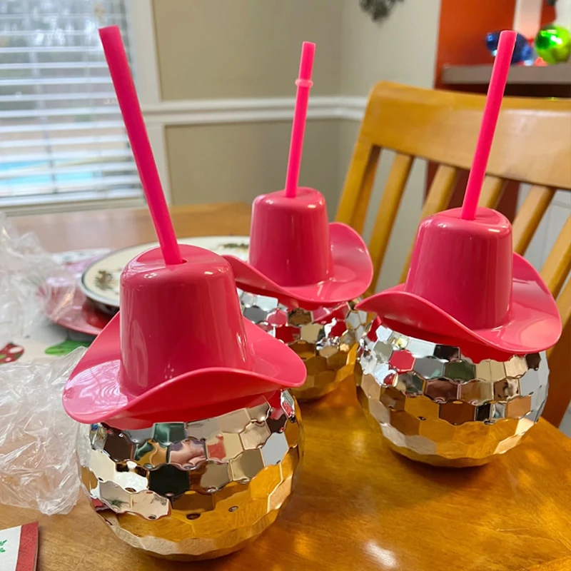 Disco Ball Cups Pink Cowgirl Hat Mirror Party Cup with Straws Bachelorette Party supplies 70s Bar Dance Disco Party Decoration