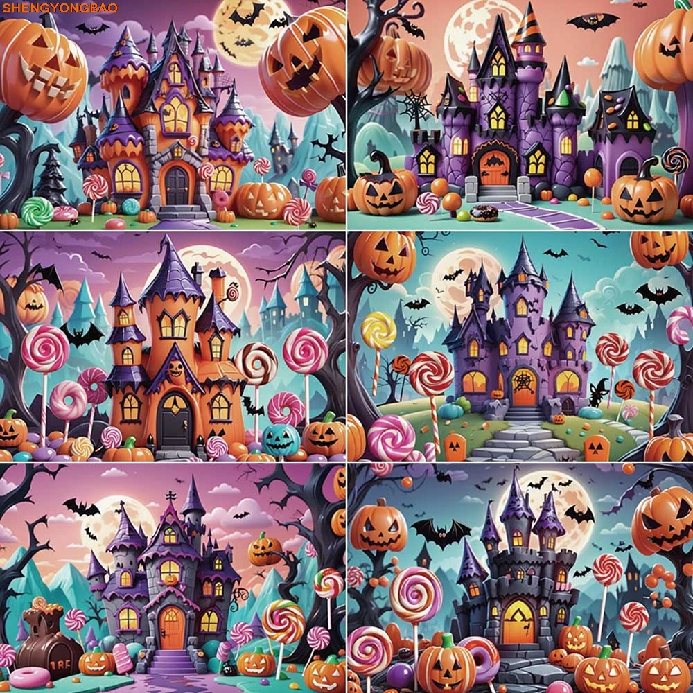 

Halloween Photography Backdrop Candy Castle Pumpkin Photo Studio Background Children's Outdoor House Decoration Backdrop
