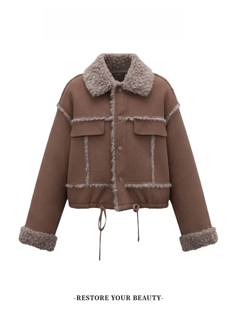 Kurtka damska z kołnierzem z futra, model 2025, nowa kolekcja zimowa, mały rozmiar, luźny krój, ciepła, podszyta polarem, prosty styl.