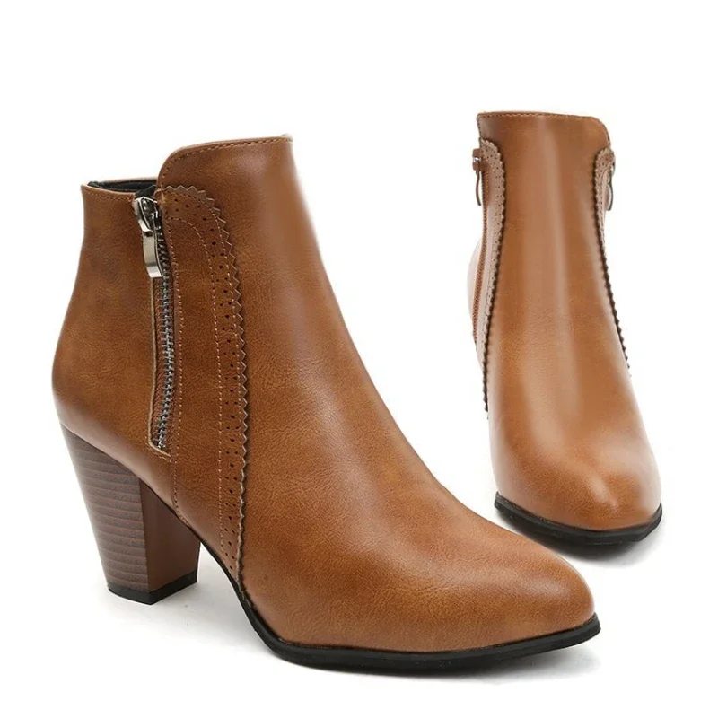 Damenstiefel mit grobem Absatz, rutschfester Outdoor-Schuh, Retro-Reißverschluss, modische Stiefel, bequeme, lässige Damenschuhe, Botas