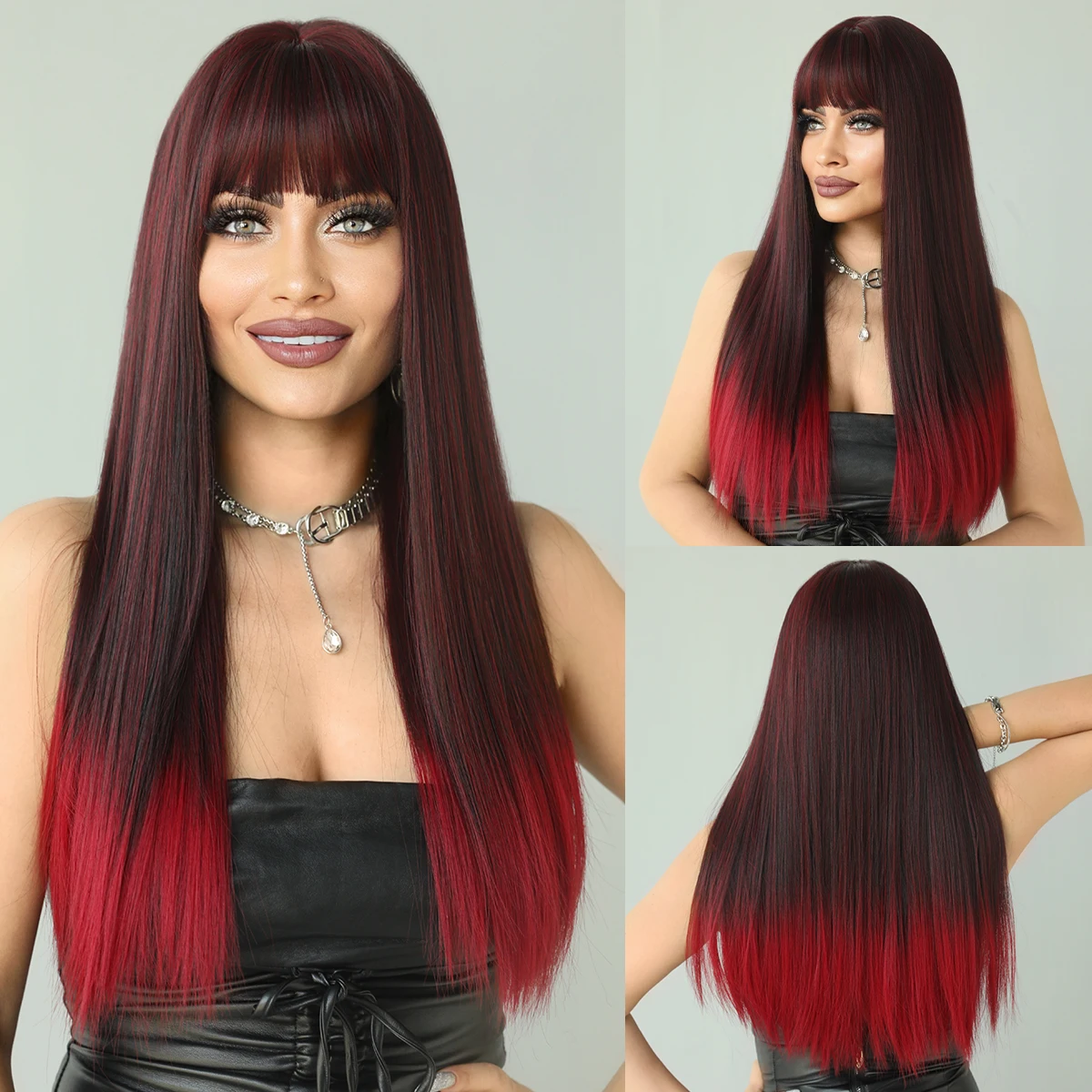 Namm halloween cosplay peruca com bang perucas sintéticas para mulheres resistente ao calor do cabelo natural longa reta ombre vinho vermelho perucas