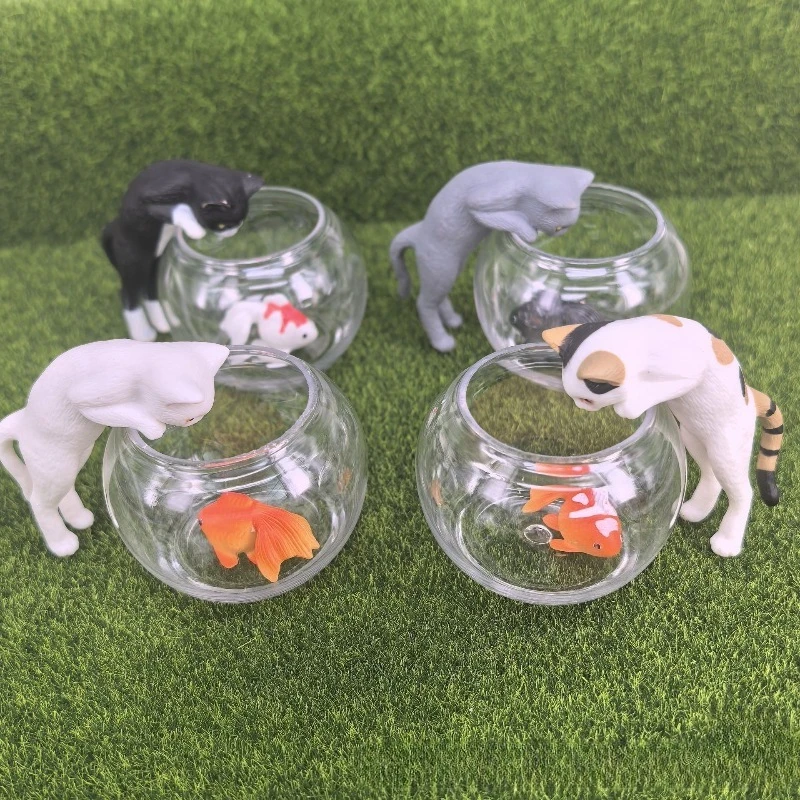 

Мультяшная миниатюрная кошка наблюдения за золотой рыбкой пейзаж Kawaii фигурка слепая коробка игрушки модель коллекция украшения подарки для детей