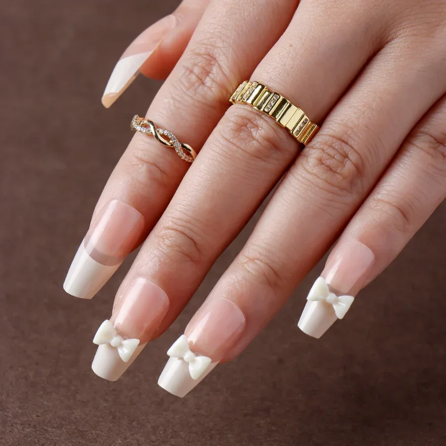 

White Bow Jewelry Press on Nails Acrylic Reusable Low Price False Nails Artistic Atmosphere Suitable for Party Daily Dressing