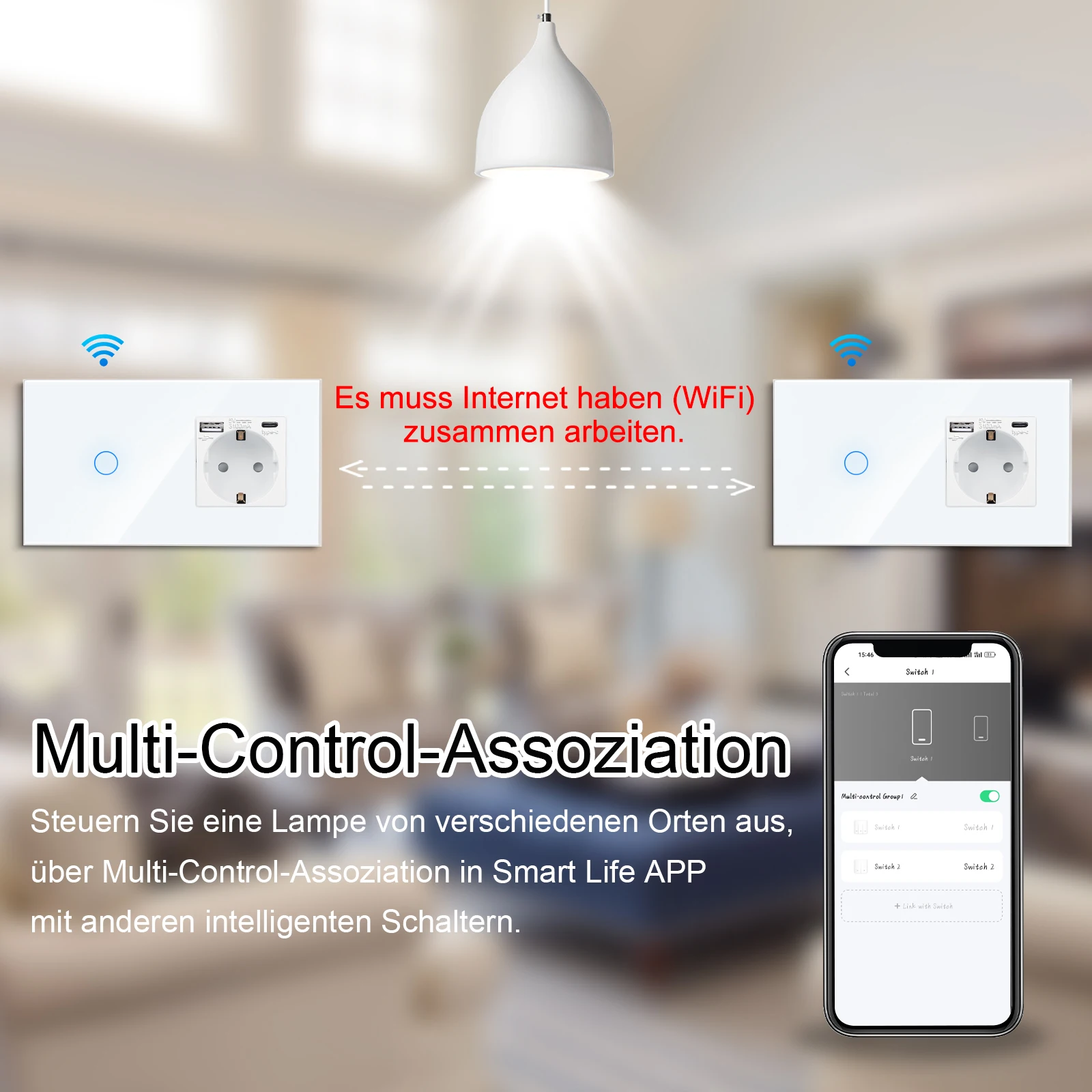 TOUCHMI Tuya Smart Stair Switches Interruptor 2way and WiFi Socket White Crystal Glass Panel Wall Sockets with USB Type-C