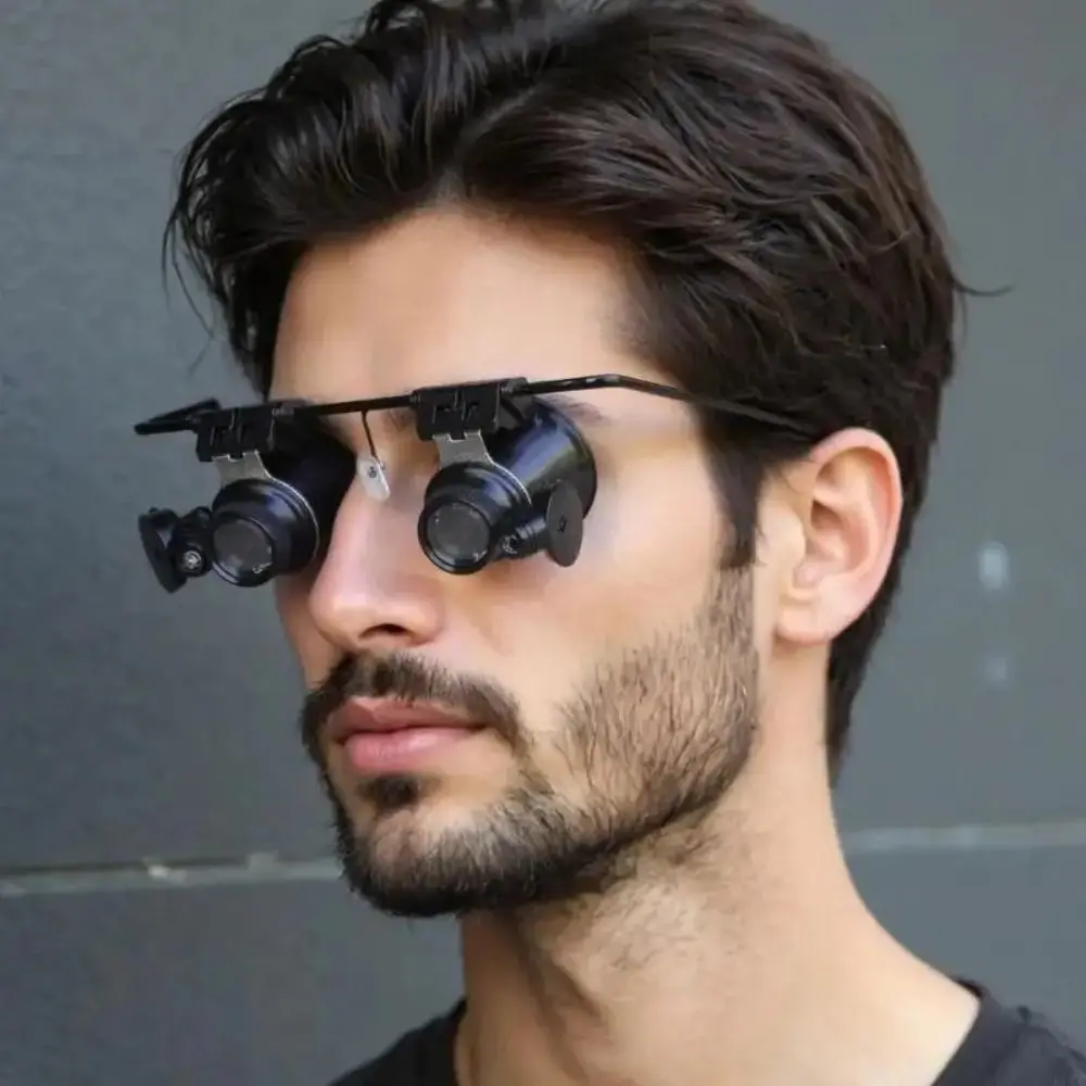Lupa ajustable de 20X, gafas dobles con montura para diadema, lentes manos libres de 20X, gafas de aumento portátiles con luces LED