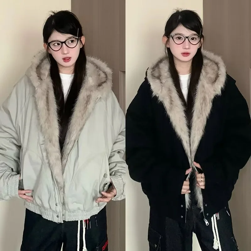 

Women's ort Plu Jaet Winter Coat CleanFit Hooded Fur Collar Cotton American Couple Cotton Clothes Straight Tube pe