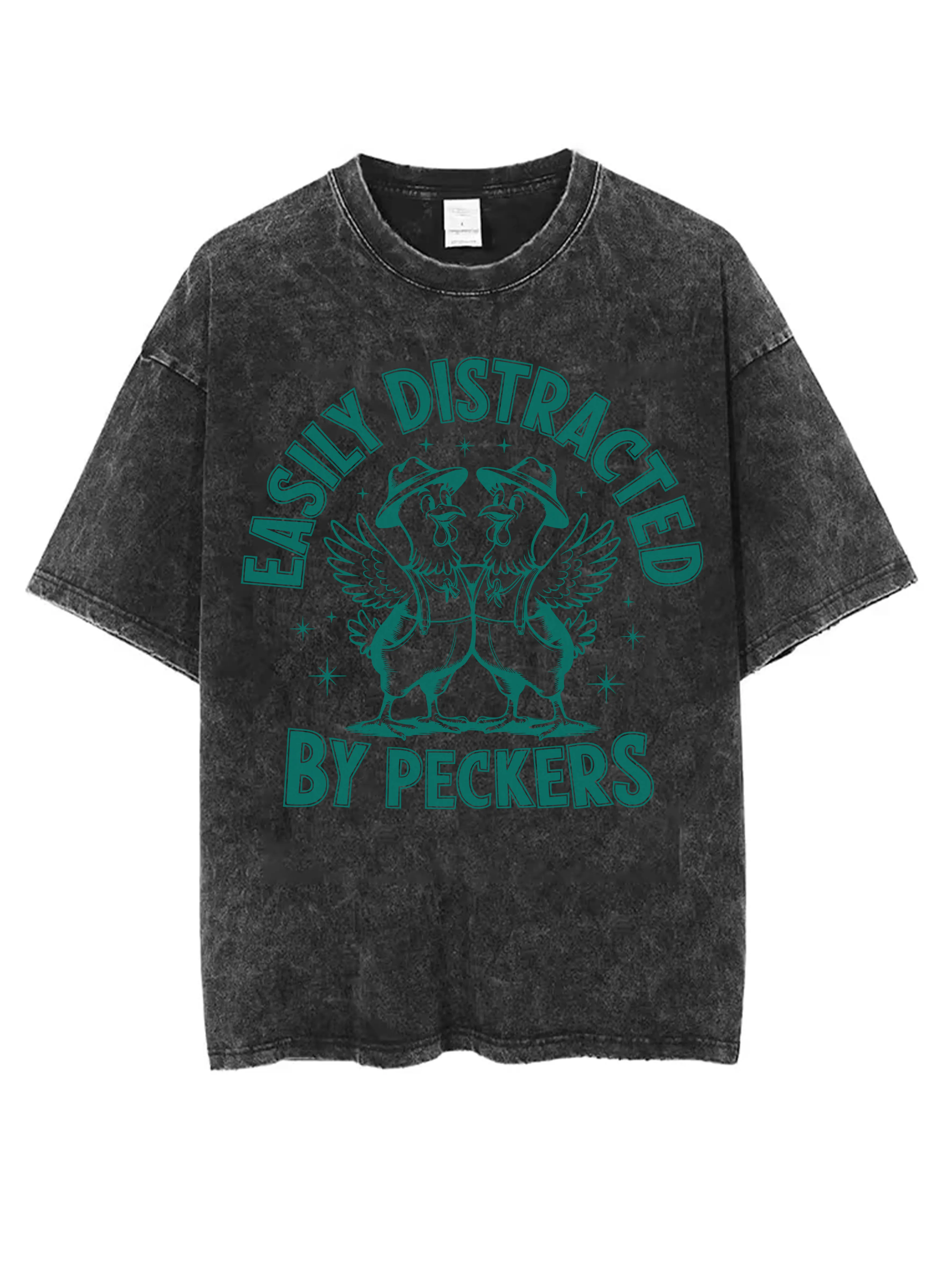 

Легко отвлекается к Peckers. Мужская женская потертая черная футболка с круглым вырезом, свободная посадка, удобная для зимнего Рождества.