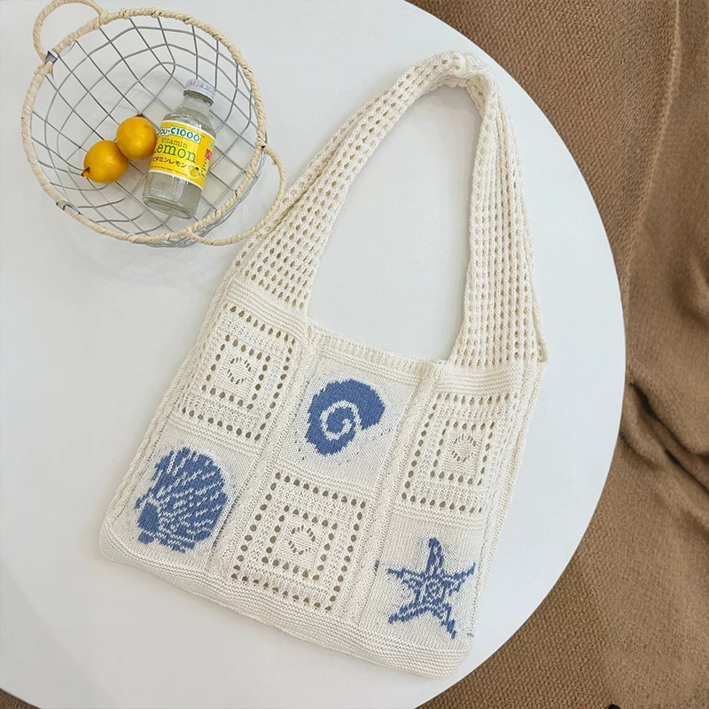 Designer-Stricktaschen mit großem Fassungsvermögen, Damen-Sommer-Strandtasche, lässige, hohl gewebte Unterarm-Umhängetasche – Detail 16