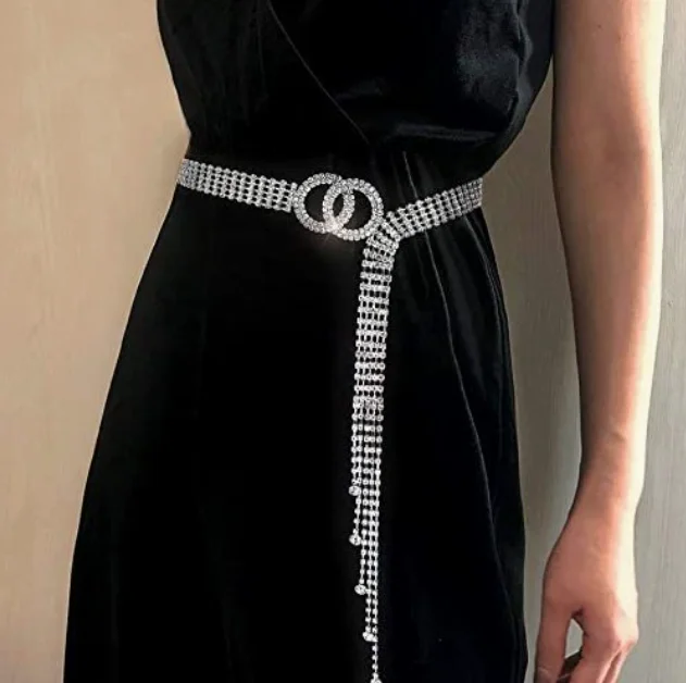 

AKYZO поясная цепочка со стразами и бриллиантами, пояс с кисточками, модный и универсальный пояс с двойным кольцом и стразами