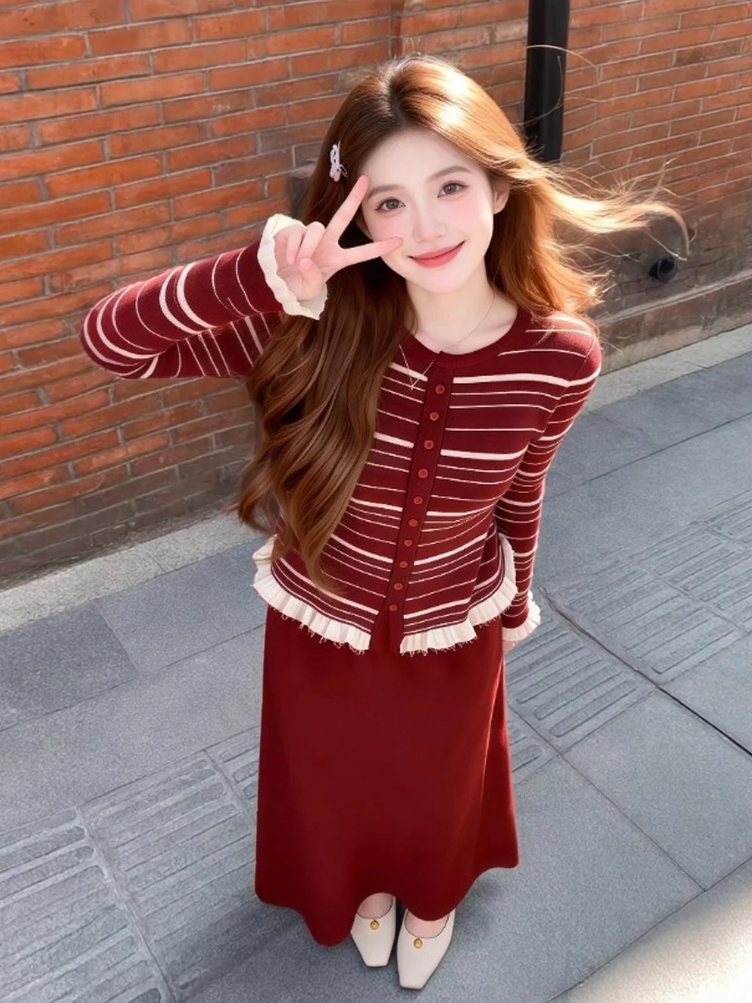 

Винтажный комплект: топ и юбка в красную полоску, весенний, комфортный, теплый, средней толщины, с завышенной талией, облегающий, в винтажном стиле