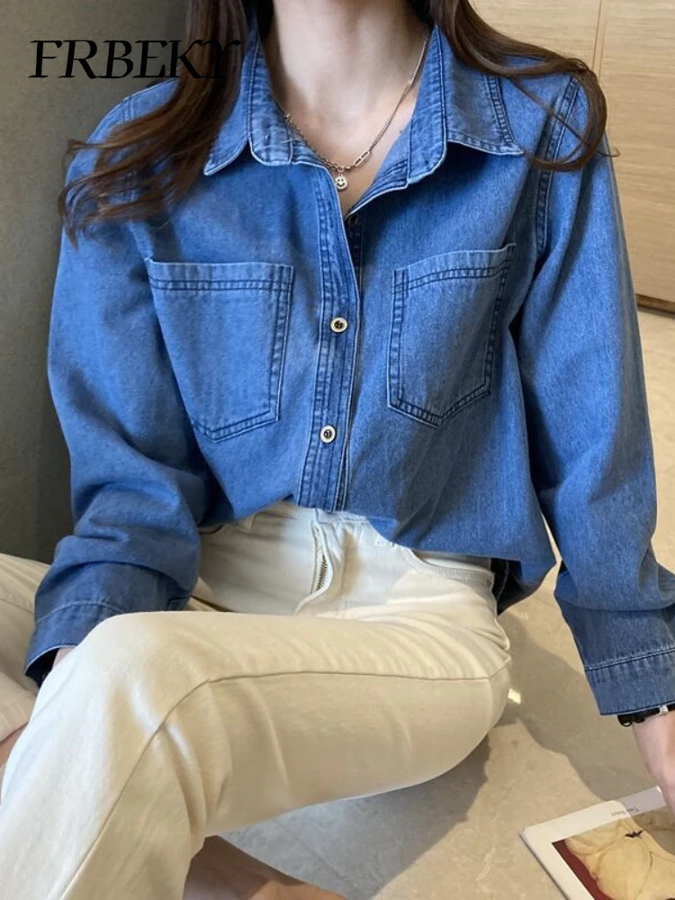 Casual Shirts & Blouses Autumn New Vintage Blue Shirt Korean Fashion Denim Shirt Loose Women Clothing Long Sleeve Pockets Blusas