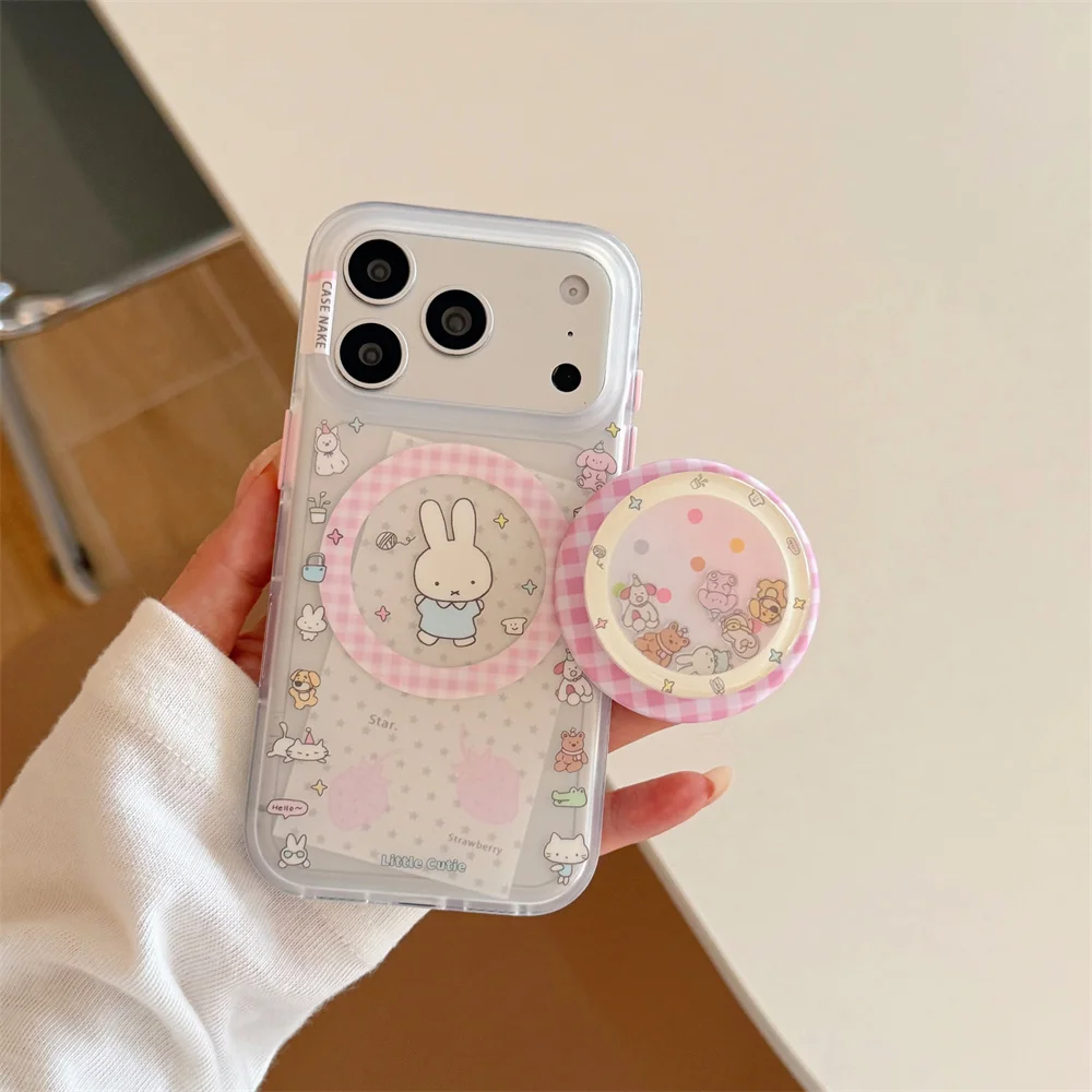 Cute Miffy Rabbit Quicksand Magnetic Popsocket Phone Case For iPhone 17 16 15 Pro Max Pink Plaid Cartoon Animal Shockproof Cover