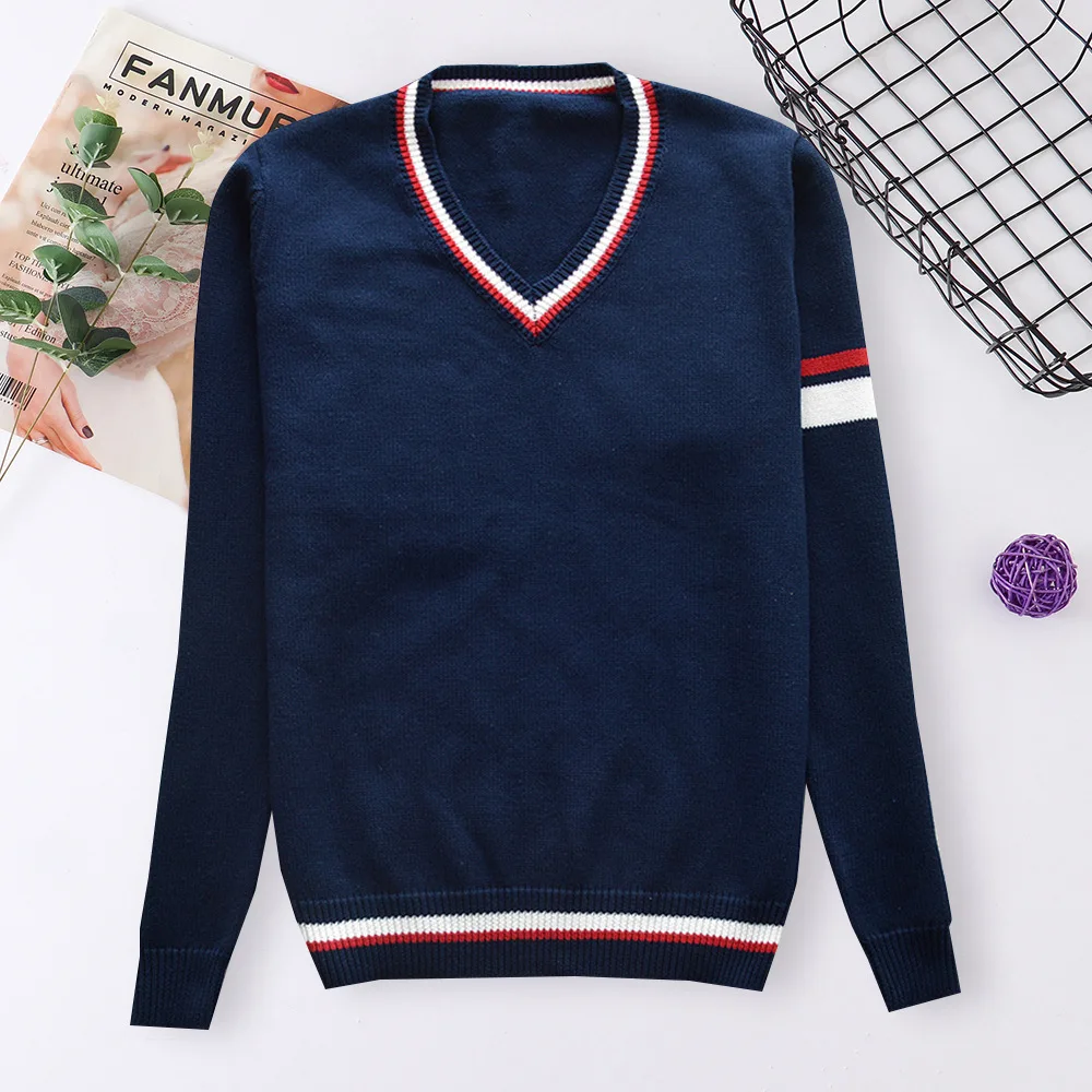 Japanese School Dress Uniform College English JK Uniform Knitted Sweater Outerwear Blue Pullovers V-neck Hoodie For Boy And Girl