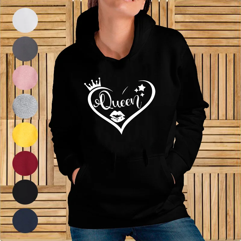 Fun Love Heart Queen Print Women Hoodie Harajuku Comfortable Sweatshirt Fashion O Neck Quality Hooded Fall Warm Street