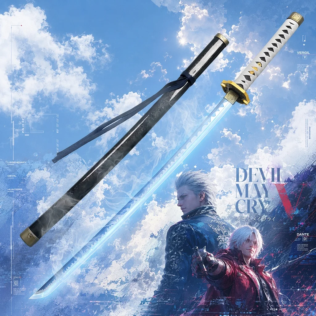 Espada de juguete de madera a escala 1:1 de 40 pulgadas, estilo Katana de Vergil de Devil May Cry DMC, con efecto de humo luminoso, para cosplay de anime, cuchillo ninja, regalo.