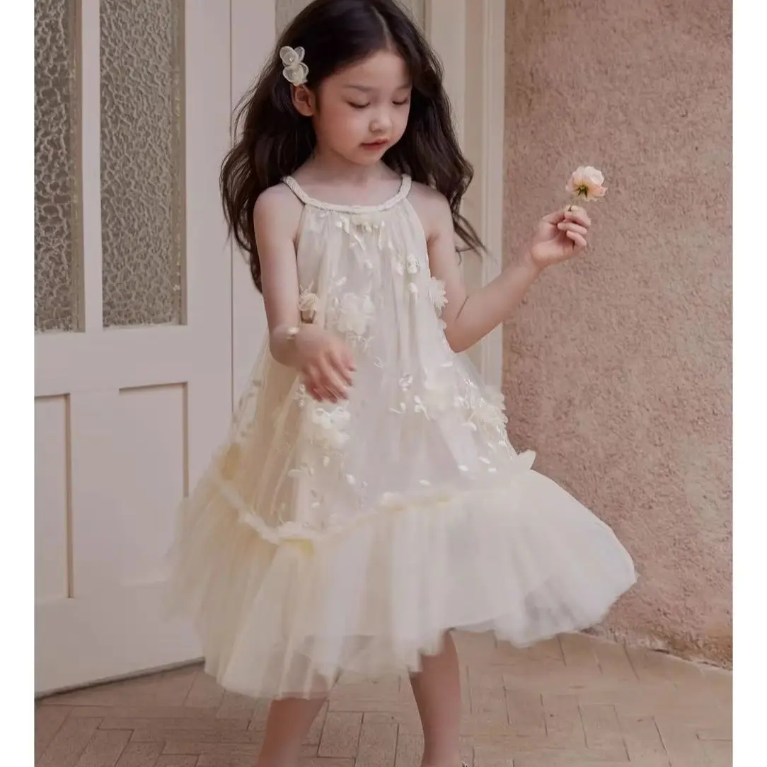 Girls Halter Neck Tulle Dress Summer 3D Flower Princess Dress Kids Fairy Party Gown Children Clothing