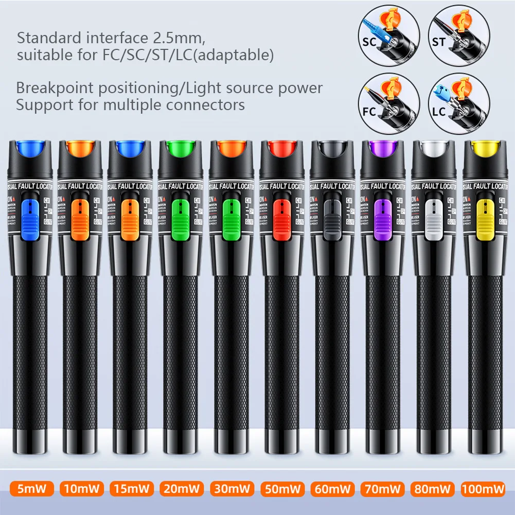 

Professional Fiber Optic Cable Tester Pen 1/10/20/30/50/100mw Visual Fault Locator SC/FC/ST 2.5mm Interface VFL 1-100Km Range