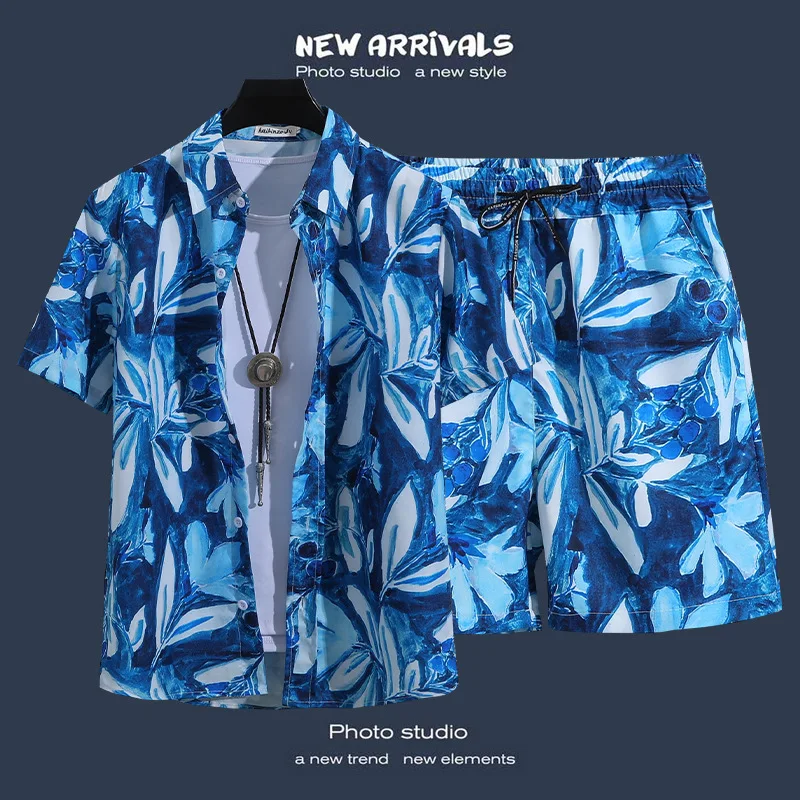 Summer New Printed Hawaiian Shirt Men's Thai Short Sleeved Shirt Vacation Beach Two Piece Set of Shirts and Shorts