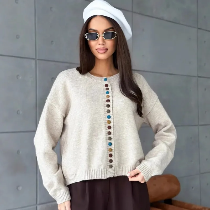 Beige White O-neck Sweater Coat Single Breasted Solid Casual Fancy Short Outerwears Colourful Button Knitted Coat for Women 2026