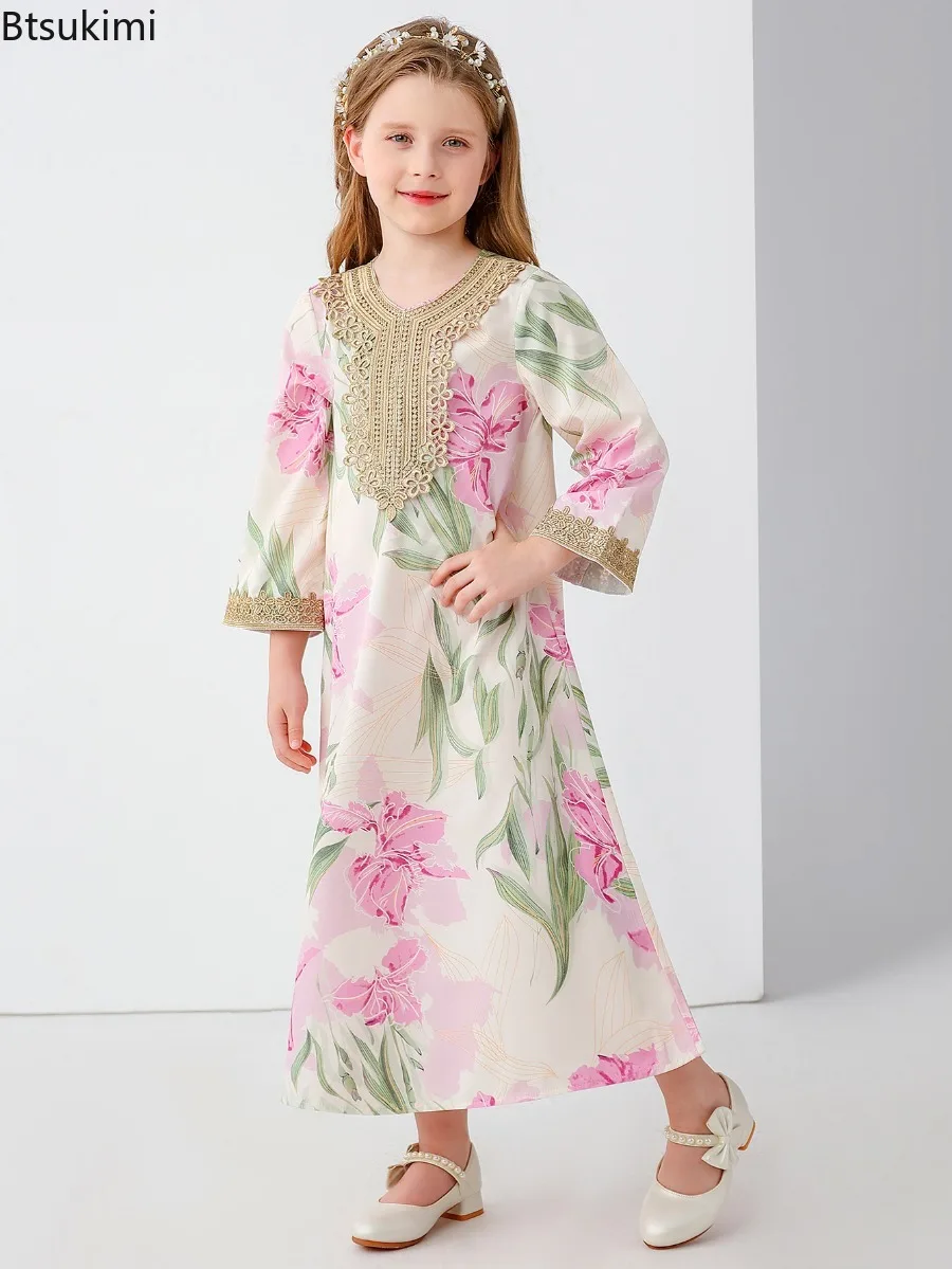 

Girls Middle East Traditional Robe Muslim Fashion Abaya Kids Casual Party Dresses Dubai Arab Kaftan Ramadan Festival Print Dress