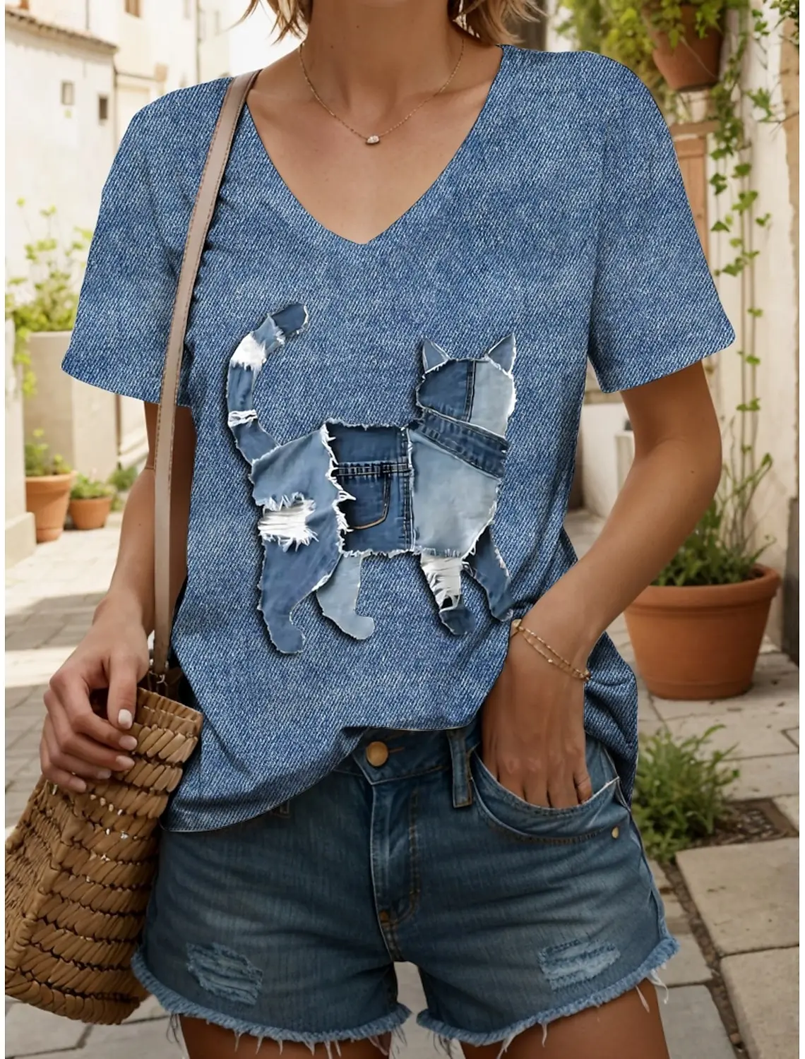 Women's Kitten Cute Pattern T-shirt Fashion Casual Short Sleeve V-neck Regular Top Everyday Hawaii New Summer Top
