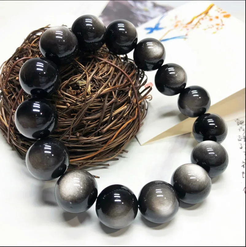 Natural Silver Obsidian Bracelet for Men and Women's Round Beads Cat Eyes Wealth Transfer Crystal Bangle Grand Gift