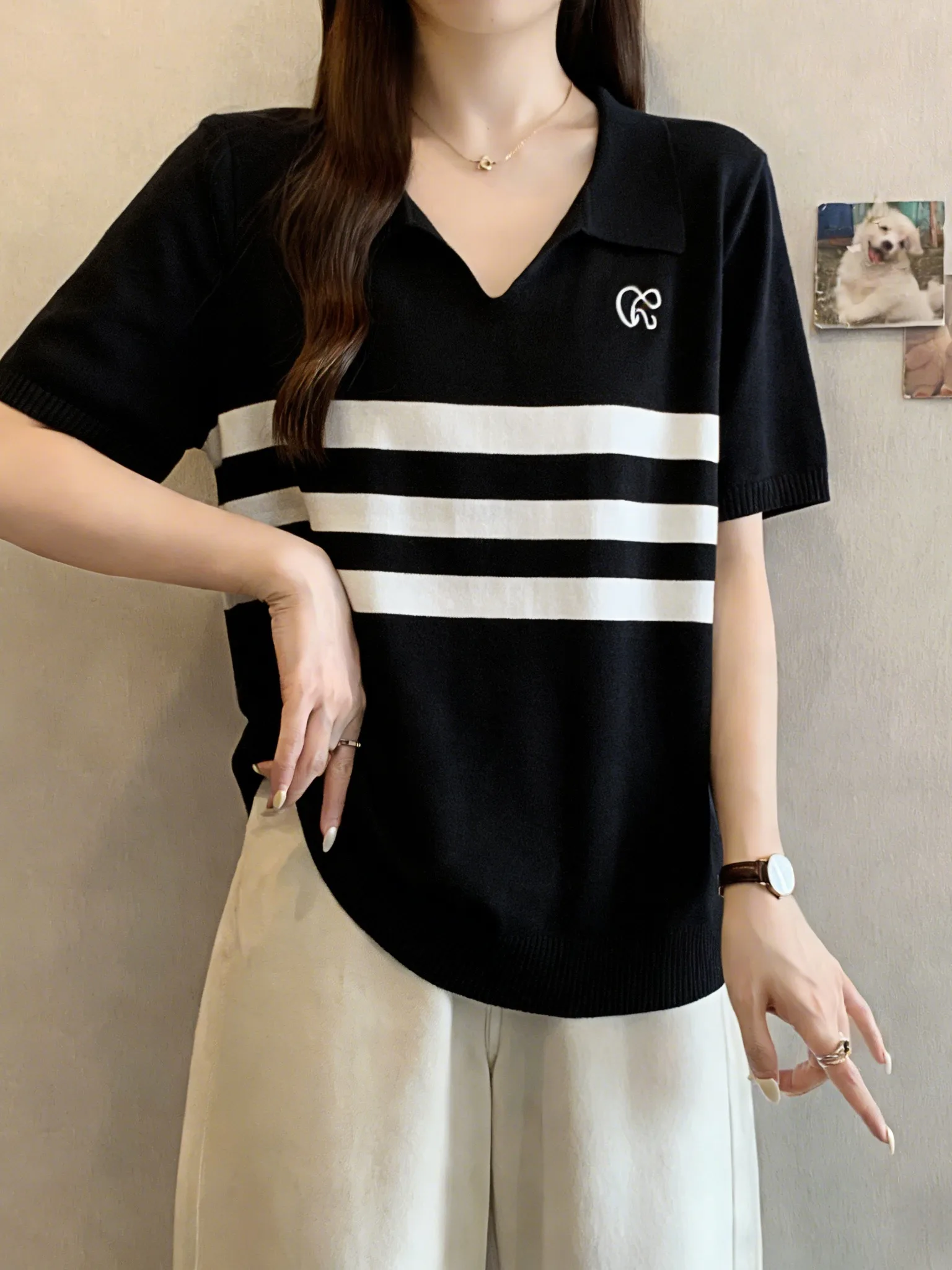 

plus Size Women's Neck Short Sleeve Knitted Ice Silk Top Slimming Striped College Style Summer Fashion Korean Loose Fit