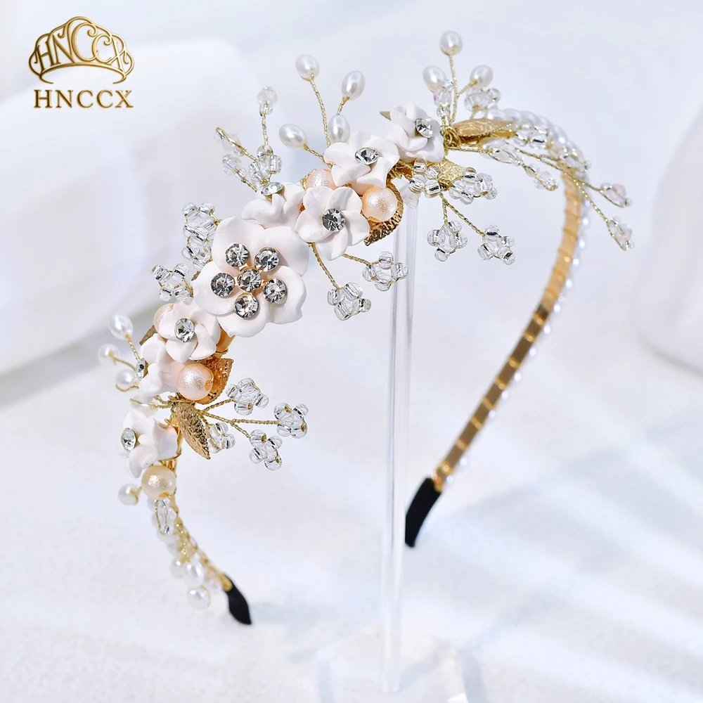HNCCX Sparkling Alloy Leaf Flower Hairhoop Fashion Rhinestone Pearl Bridal Headband Wedding Celebration Hair Accessories HP423-G