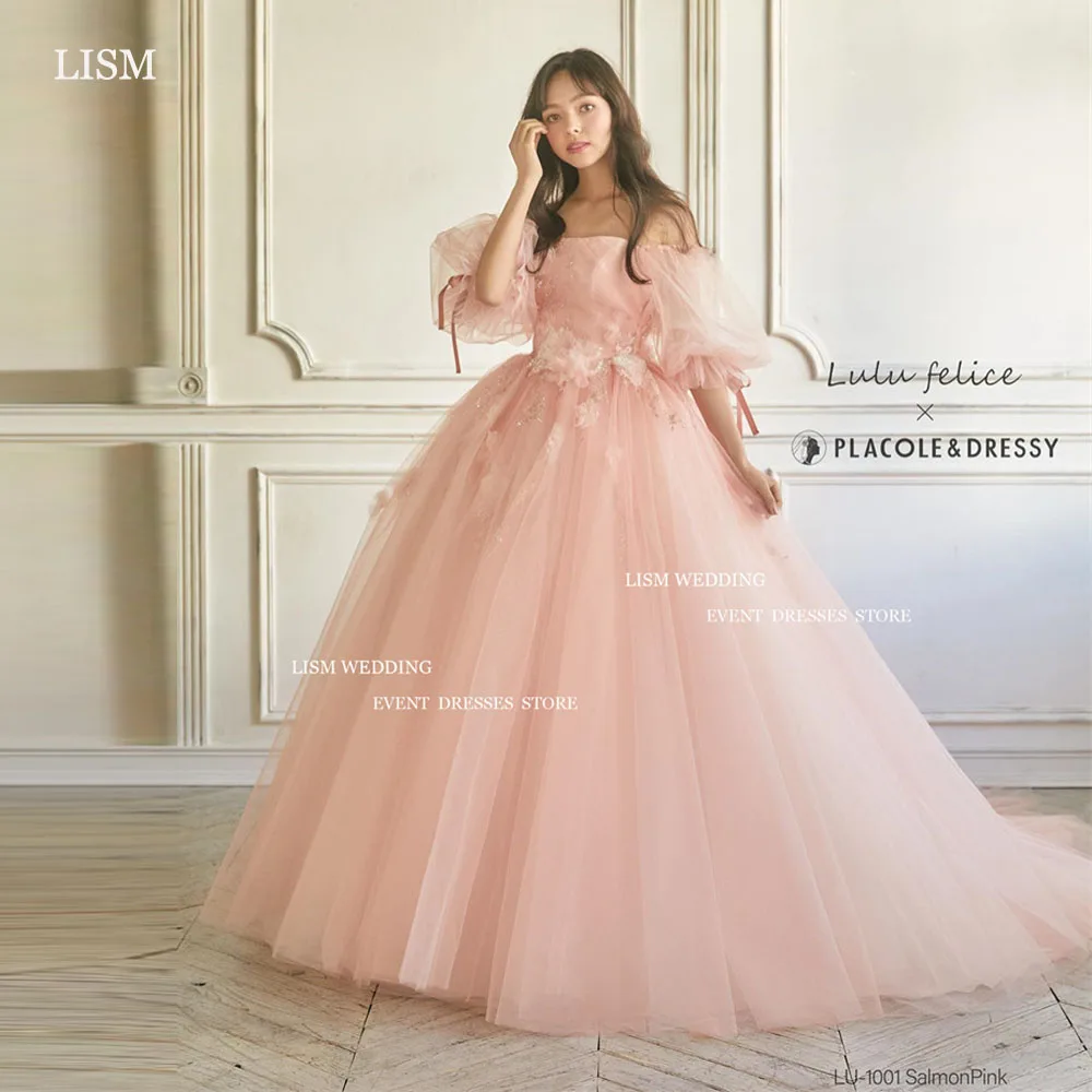 

LISM Fairy Pink Tulle A-Line Korea Evening Dresses Photo Shoot 3D Flowers Off The Shoulder Half Sleeves Prom Gowns For Women