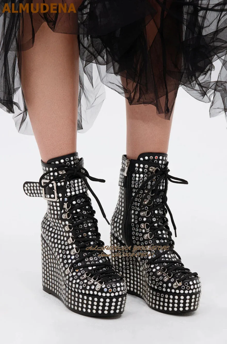 Full Metallic Studded Wedge Ankle Boots Lace Up Buckle Strap Platform Booties Gothic Punk High Wedge Heel Short Boots