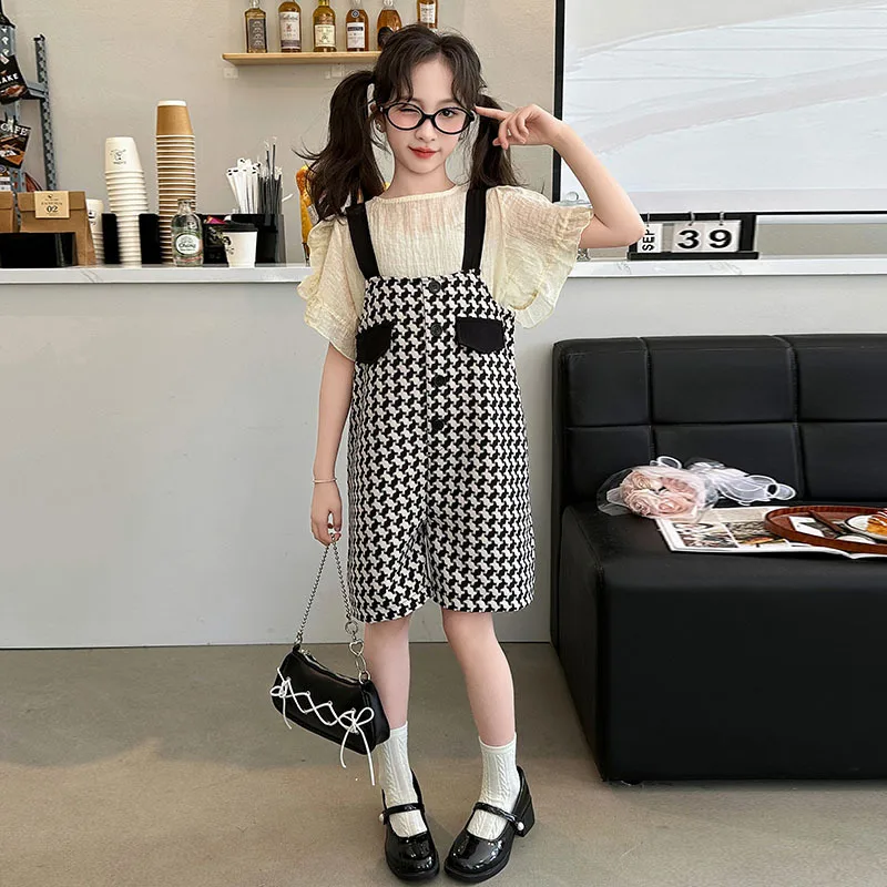 

Girls Suits Summer Thin Set 2024 New Style Children Korean Version Suspenders Loose T-shirt Two-piece Set Clothes Simple Casual